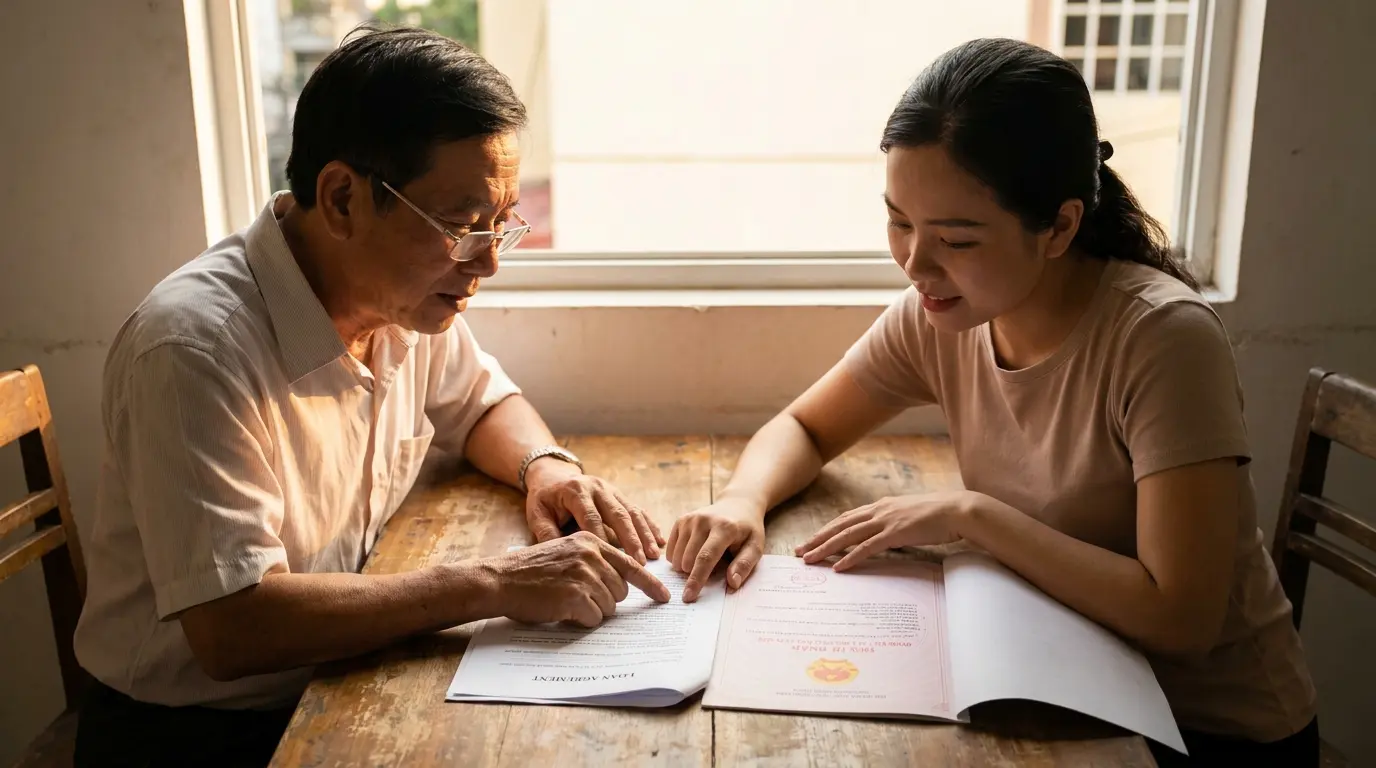 Vay tín chấp và thế chấp — người Việt Nam so sánh hai hợp đồng vay trên bàn làm việc